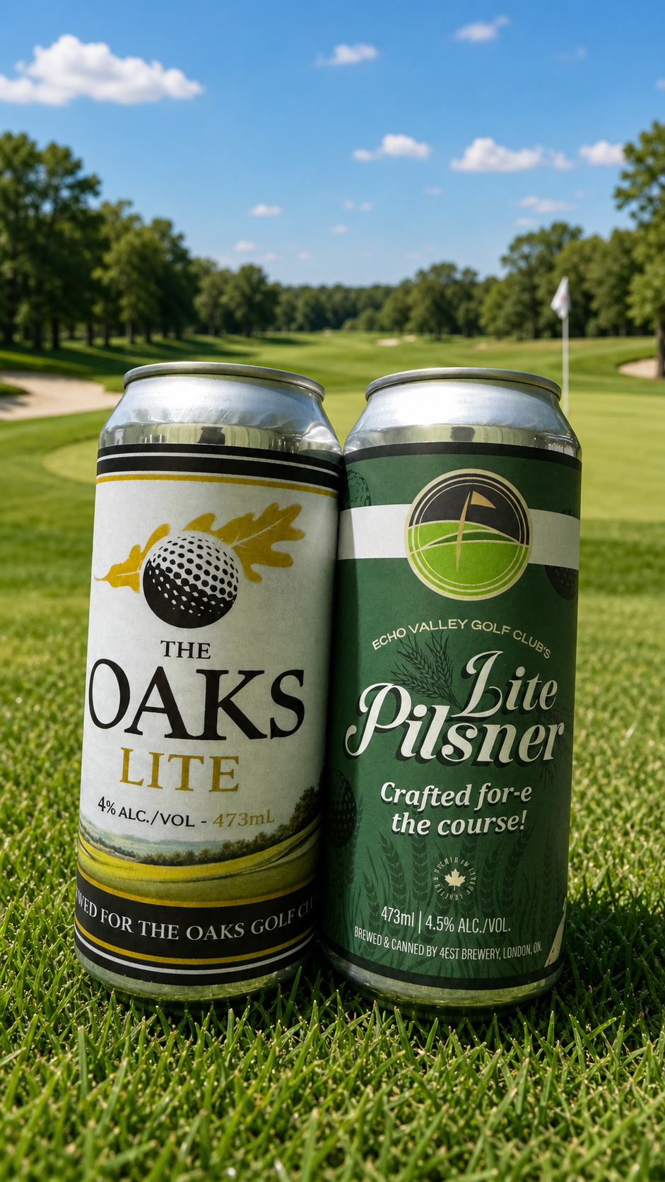 The Oaks Lite and Echo Valley Golf Club Pilsner custom cans on golf course