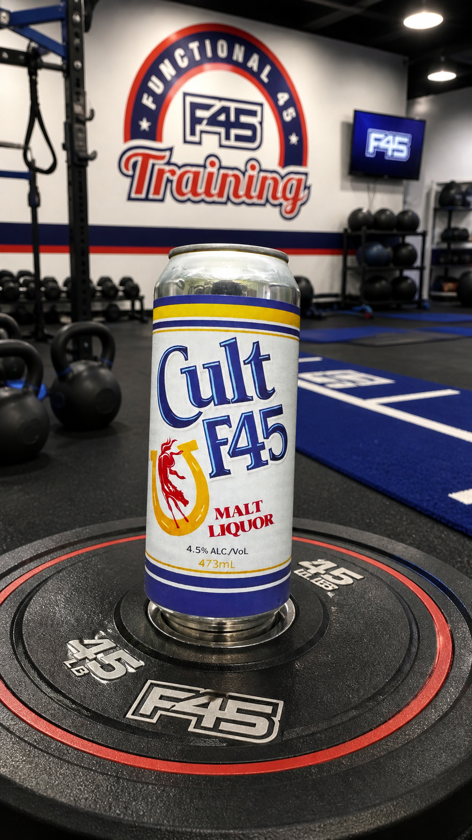 Cult F45 malt liquor custom can in F45 training gym